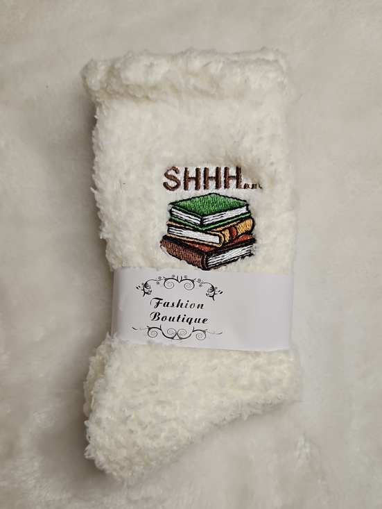 Boutique Accessories - Cozy White 'Shhh...' Fuzzy Socks with Book Embroidery